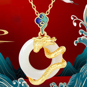 Buddha Stones Year Of The Dragon 925 Sterling Silver Hetian White Jade Peace Buckle Auspicious Clouds Success Necklace Pendant Necklaces & Pendants BS 4