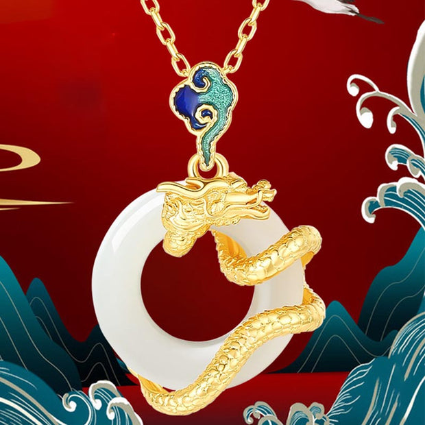 Buddha Stones Year Of The Dragon 925 Sterling Silver Hetian White Jade Peace Buckle Auspicious Clouds Success Necklace Pendant