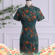 Buddha Stones Retro Flower Lotus Peony Feather Print Qipao Dress Women's Cheongsam Dress