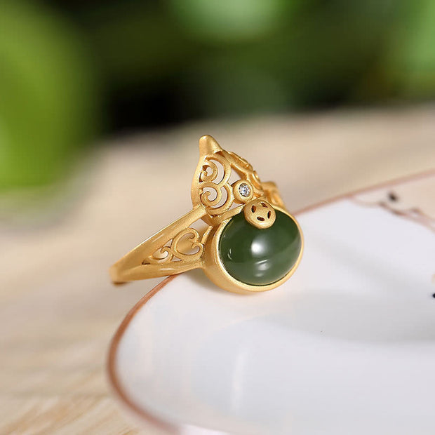 Buddha Stones Gourd Cyan Jade Copper Coin Success Luck Adjustable Ring