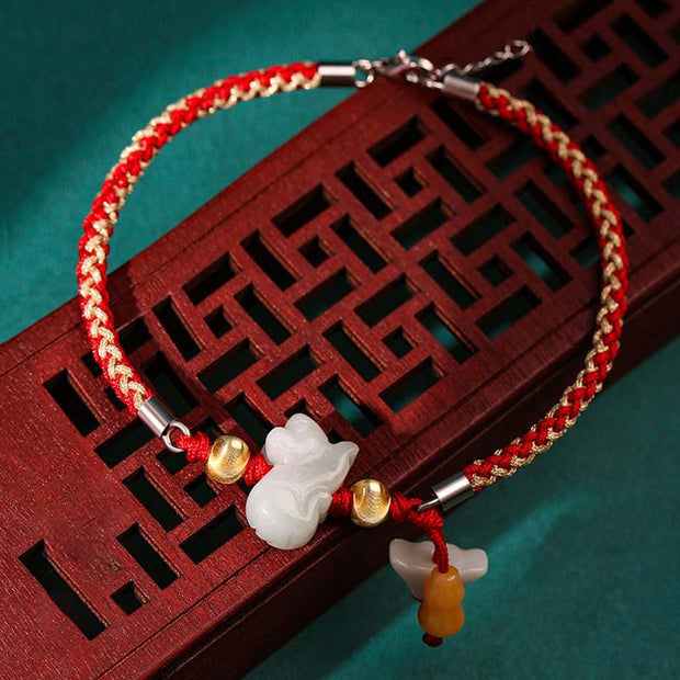 Buddha Stones Chinese Zodiac Jade Prosperity Red String Bracelet Anklet Bracelet BS Rat(Bracelet/Anklet Size 19.5+4cm)