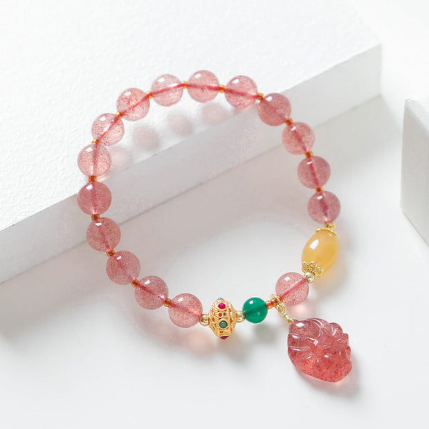 Buddha Stones Natural Strawberry Quartz Nine-Tailed Fox Healing Bracelet Bracelet BS 6
