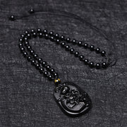 Buddha Stones Natural Black Obsidian Koi Fish Lotus Strength Beaded Necklace Pendant Necklaces & Pendants BS 6