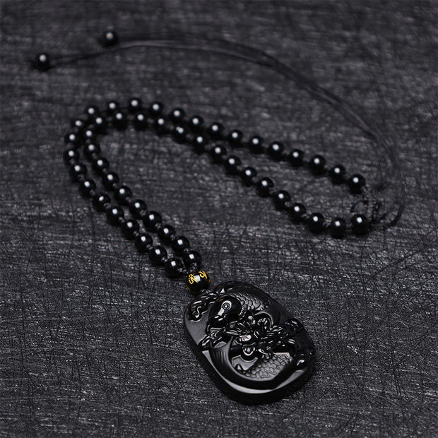 Buddha Stones Natural Black Obsidian Koi Fish Lotus Strength Beaded Necklace Pendant