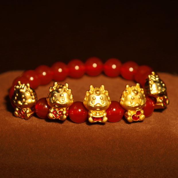 Buddha Stones Year of the Dragon Natural Red Agate Copper Coin Fu Character Protection Bracelet Bracelet BS 3