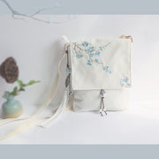 Buddha Stones Handmade Embroidered Plum Flowers Canvas Crossbody Bag Shoulder Bag Handbag Crossbody Bag BS White Blue Plum 20*23cm