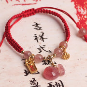 Buddha Stones Natural Strawberry Quartz Money Bag Lotus Healing Charm Red String Braided Bracelet Bracelet BS Strawberry Quartz(Love♥Healing)(Wrist Circumference 14-19cm)