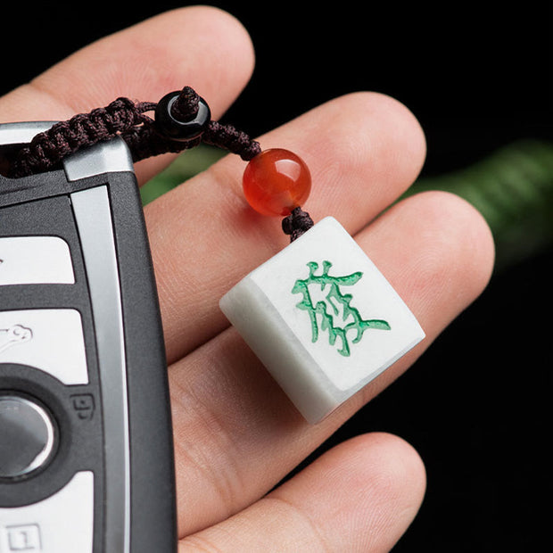 Buddha Stones Natural Jade Mahjong Fa Character Wealth Prosperity Phone Hanging Key Chain Decoration
