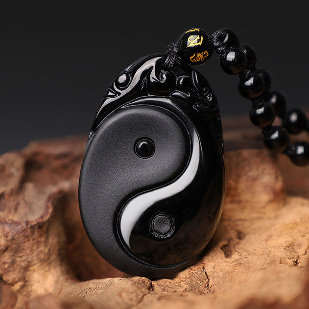 Buddha Stones Natural Black Obsidian Yin Yang Fulfilment Strength Necklace Pendant Necklaces & Pendants BS 2