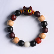 Buddha Stones Small Leaf Red Sandalwood Ebony Wood Cute Cat Engraved Protection Bracelet