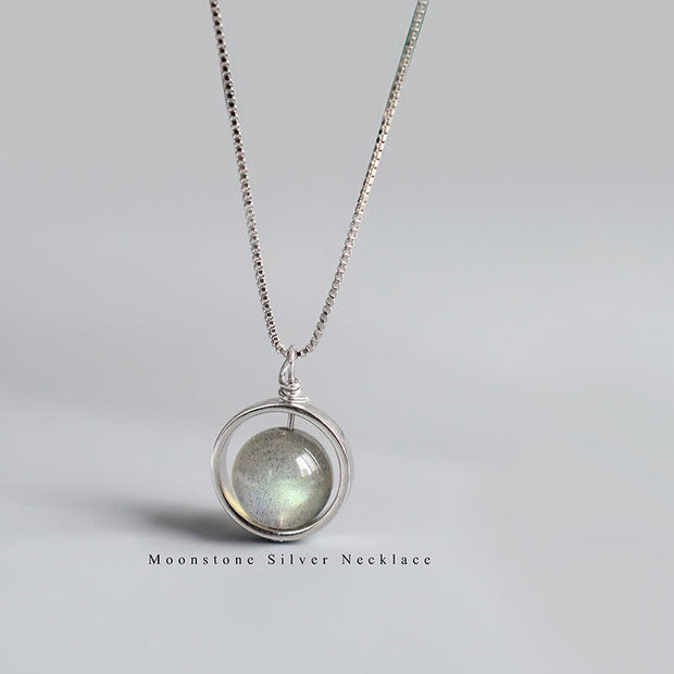 Buddhastoneshop 925 Sterling Silver Moonstone Love Planet Rotatable Pattern Necklace Pendant