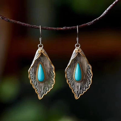 Buddha Stones 925 Sterling Silver Turquoise Bodhi Leaf Pattern Protection Drop Dangle Earrings Earrings BS Gold