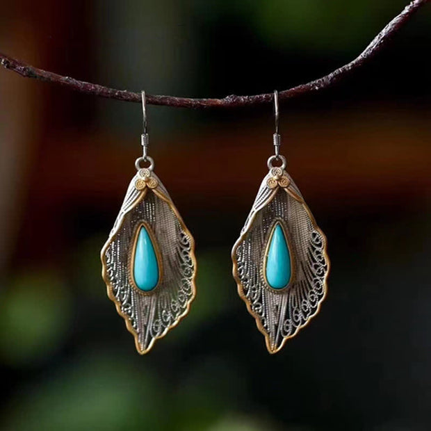 Buddha Stones 925 Sterling Silver Turquoise Bodhi Leaf Pattern Protection Drop Dangle Earrings Earrings BS Gold
