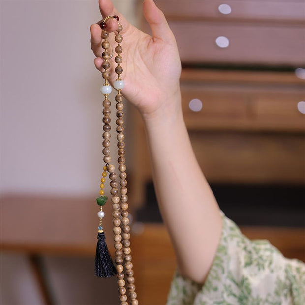 Buddha Stones Natural Agarwood Amber Jade Ingot Tassel Ruyi Charm Bracelet Bracelet BS 4