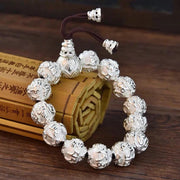 Buddha Stones Tibetan Om Mani Padme Hum Carved Alloy Beads Amulet Bracelet Bracelet BS Silver 16mm(Wrist Circumference 16-20cm)