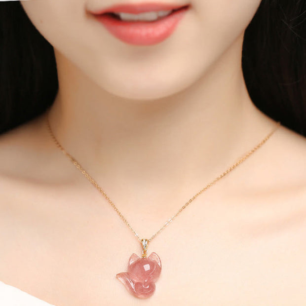 Buddha Stones 14k Gold Plated 925 Sterling Silver Strawberry Quartz Fox Healing Necklace Pendant
