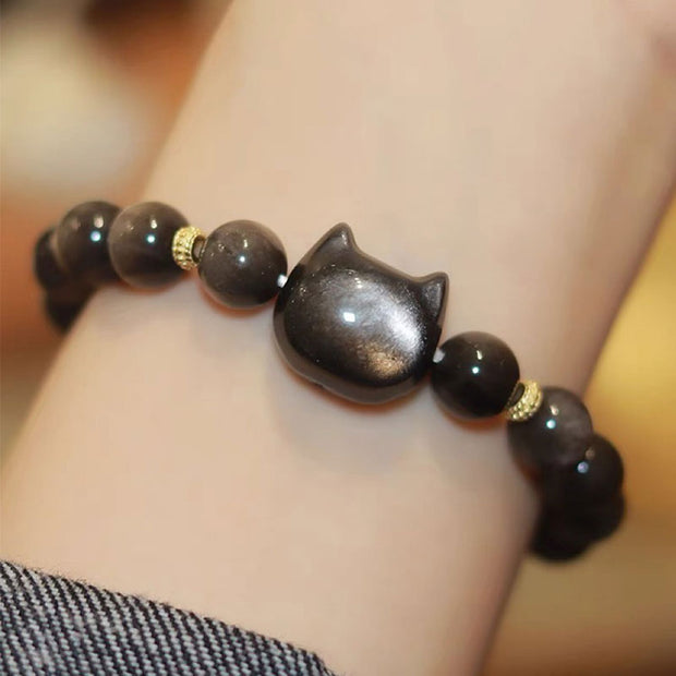 FREE Today: Absorbing Negative Energy Obsidian Cute Cat  Protection Bracelet FREE FREE Silver Sheen Obsidian Cat Head New Edition 10mm