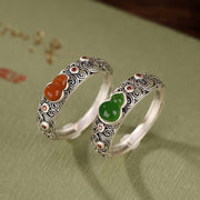 Buddha Stones 925 Sterling Silver Red Agate Cyan Jade Gourd Blessing Auspicious Ring Ring BS 1