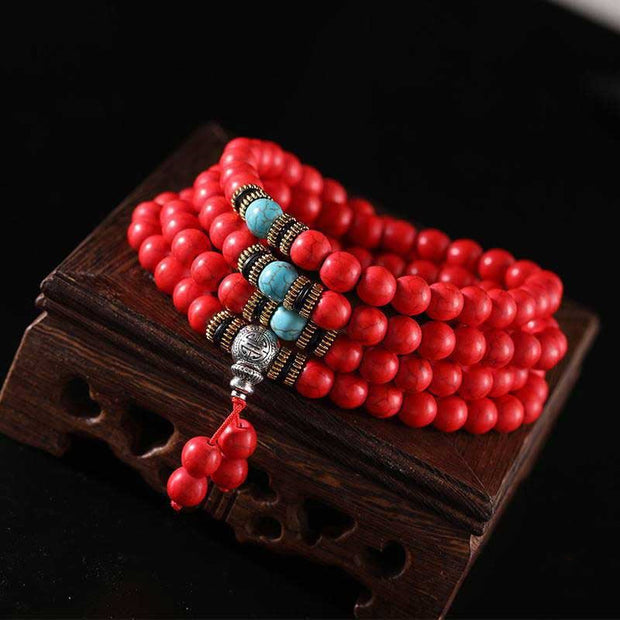 Buddha Stones Red Turquoise Amber Turquoise Bead Protection Bracelet Mala Mala Bracelet BS Red Turquoise