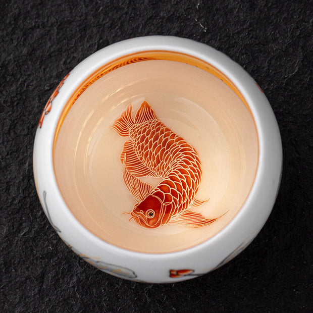 Buddha Stones Tiger Lotus Flower Leaf Koi Fish Gilt Ceramic Teacup Kung Fu Tea Cup 175ml Cup BS 11