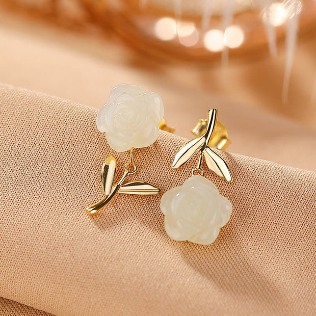 Buddha Stones 925 Sterling Silver Plated Gold Jade Rose Flower Cyan Jade Pearl Luck Earrings Earrings BS Hetian Jade Leaves