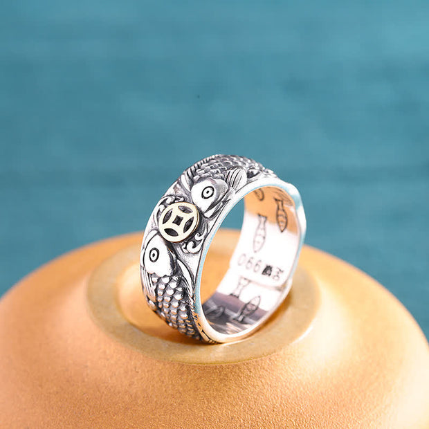 Buddha Stones Retro Carp Koi Fish Copper Coin Success Wealth Ring