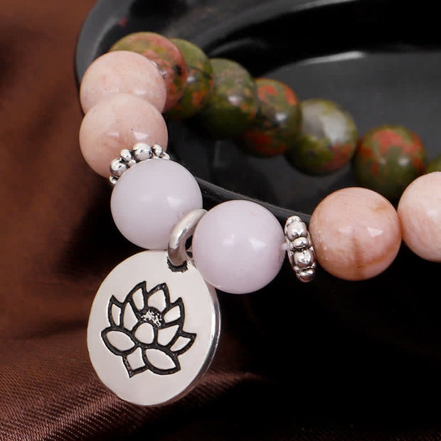 Buddha Stones Natural Unakite Rose Quartz Crystal Sun Stone Lotus Wealth Bracelet