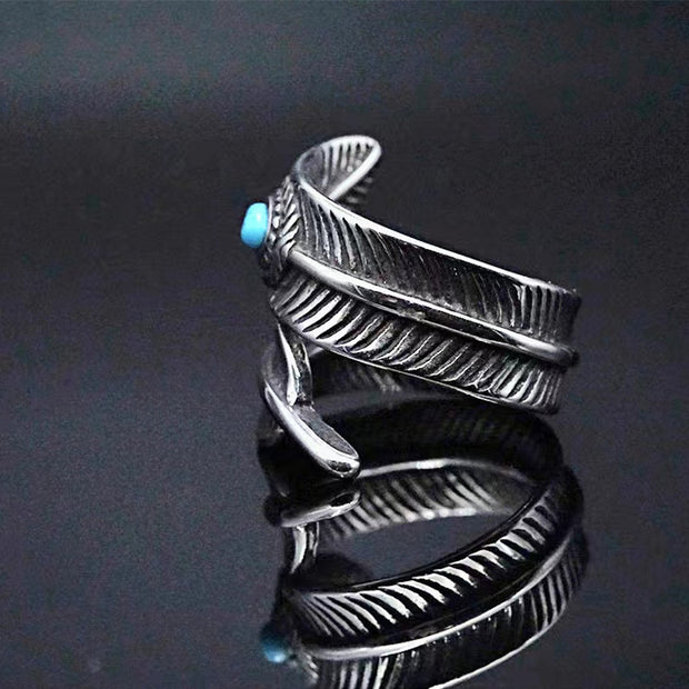 Buddha Stones Turquoise Titanium Steel Feather Wisdom Protection Ring Ring BS 2