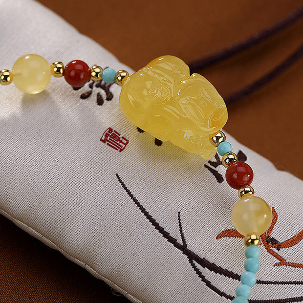 Buddha Stones 925 Sterling Silver Natural Turquoise Amber PiXiu Protection Bracelet Bracelet BS 9