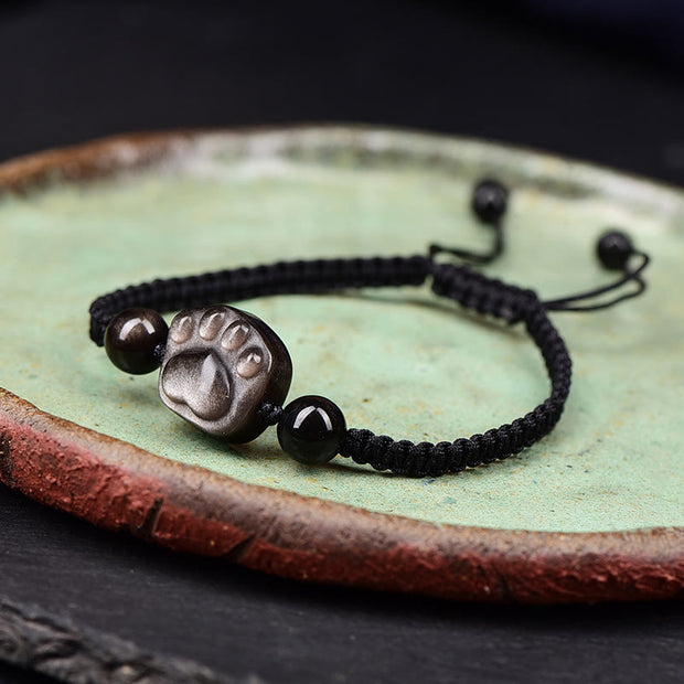 Buddha Stones Natural Silver Sheen Obsidian Gold Sheen Obsidian Cute Cat Paw Claw Protection Rope Bracelet Bracelet BS 7