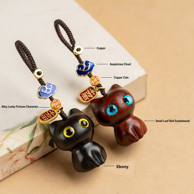 Buddha Stones Small Leaf Red Sandalwood Ebony Wood Lucky Cat Protection Key Chain Phone Hanging Decoration Key Chain BS 11