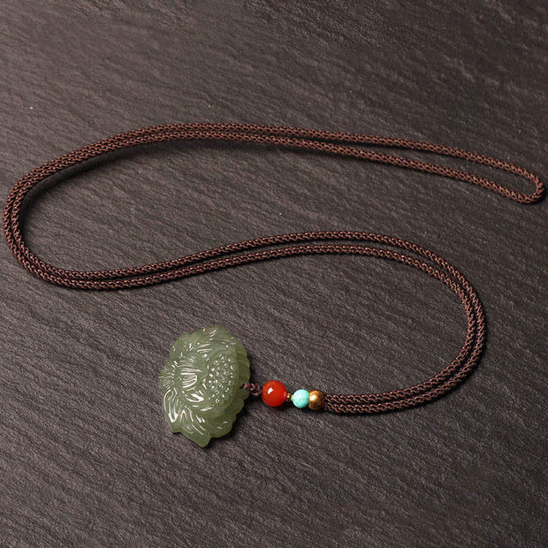 Buddha Stones Hetian Cyan Jade Lotus Flower Success Necklace Pendant Necklaces & Pendants BS 3