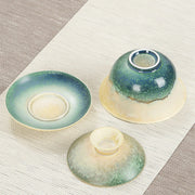 Buddha Stones Green Ocean Waves Design Porcelain Ceramic Gaiwan Sancai Teacup Kung Fu Tea Cup And Saucer With Lid
