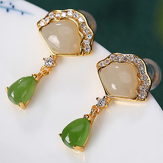 Buddha Stones White Jade Cyan Jade Fan Water Drop Pattern Luck Drop Earrings Earrings BS 5