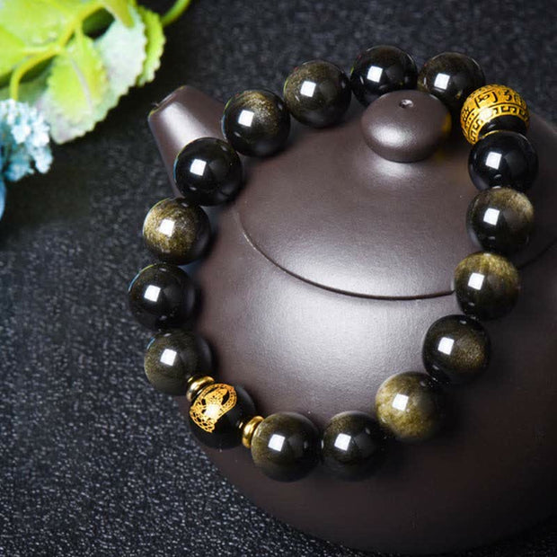Buddha Stones Chinese Zodiac Natal Buddha Gold Sheen Obsidian Wealth Protection Bracelet Bracelet BS 21