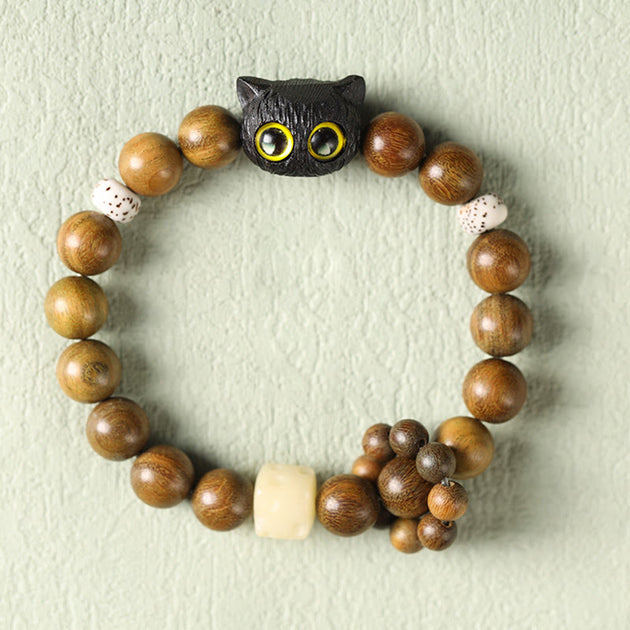 Buddha Stones Green Sandalwood Ebony Wood Cat Peace Soothing Bracelet ...