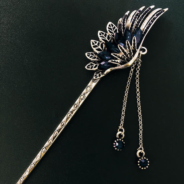Buddha Stones Phoenix Feather Crystal Tassels Confidence Hairpin Hairpin BS Silver Blue