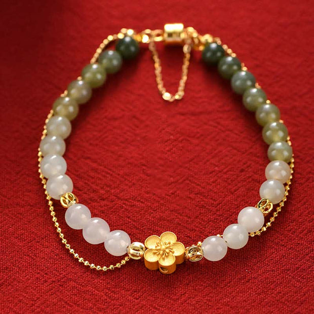 Buddha Stones 925 Sterling Silver Natural Hetian Jade Peach Blossom Luck Chain Bracelet Bracelet BS Hetian Jade(Prosperity♥Abundance)