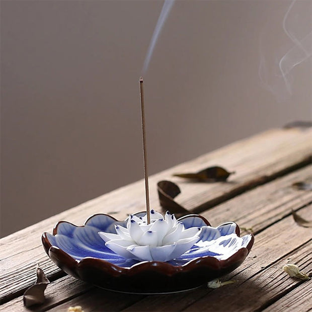 Buddha Stones Lotus Pattern Healing Ceramic Incense Burner Decoration Incense Burner BS 8