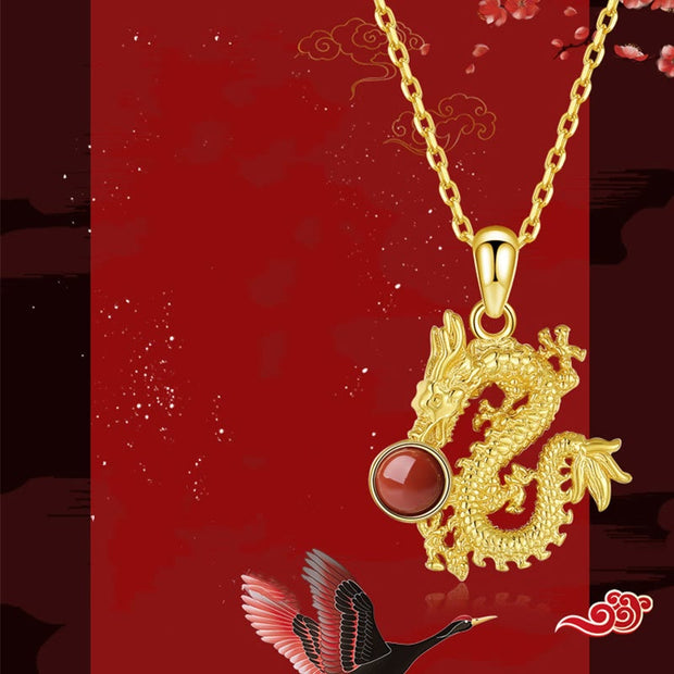 Buddha Stones 925 Sterling Silver Year of the Dragon Red Agate Hetian Jade Luck Protection Necklace Pendant