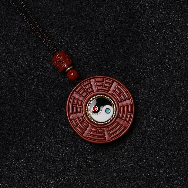 Buddha Stones Natural Cinnabar Bagua Rotatable Yin Yang Keep Away Evil Spirits Necklace Pendant Necklaces & Pendants BS 5