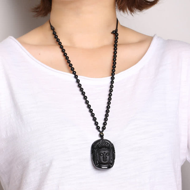 Buddha Stones Natural Black Obsidian Kwan Yin Avalokitesvara Strength String Necklace Pendant Necklaces & Pendants BS 2