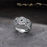 Buddha Stones Five-Emperor Coins Auspicious Wealth Adjustable Ring Ring BS Silver