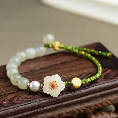 Buddha Stones 925 Sterling Silver Natural Hetian Jade Peach Blossom Luck Bracelet Bracelet BS Hetian Jade(Prosperity♥Abundance)