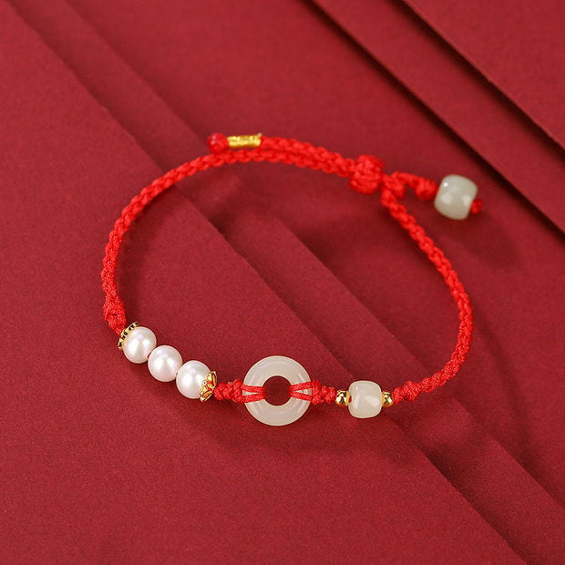 Buddha Stones 925 Sterling Silver Plated Gold Hetian Jade Peace Buckle Pearl Luck Bracelet