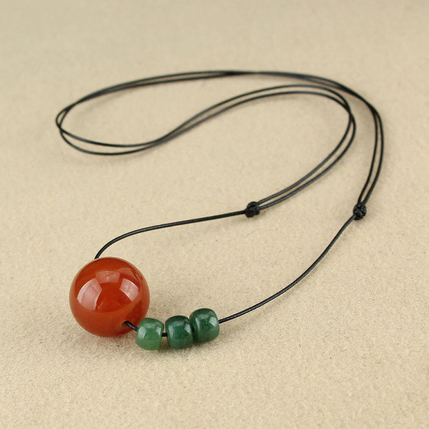 Buddha Stones Red Agate Green Aventurine Green Bodhi Seed Bead Calm Leather Rope Necklace Pendant