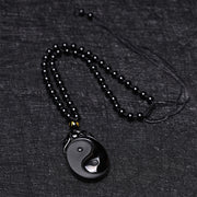 Buddha Stones Natural Black Obsidian Yin Yang Fulfilment Strength Necklace Pendant Necklaces & Pendants BS 6