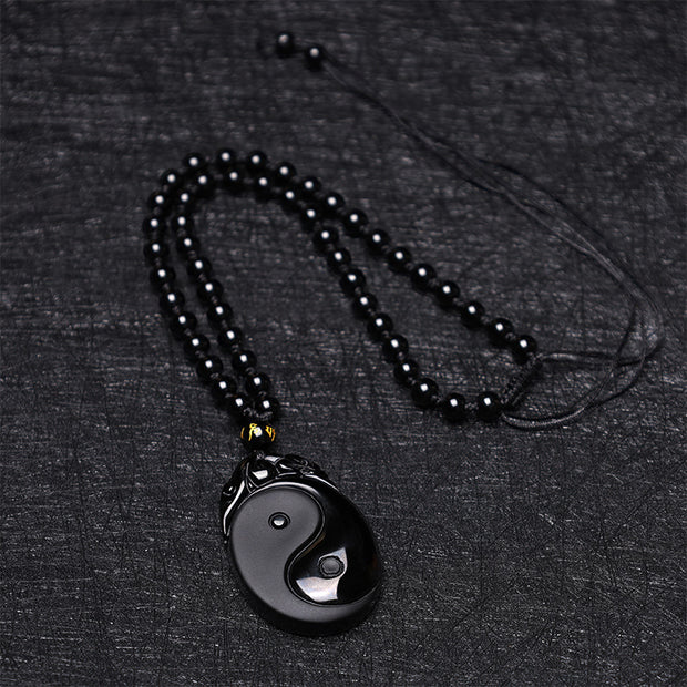 Buddha Stones Natural Black Obsidian Yin Yang Fulfilment Strength Necklace Pendant