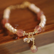 Buddha Stones Natural Pearl Strawberry Quartz Healing Cute Honey Bee Charm Bracelet Bracelet BS 7