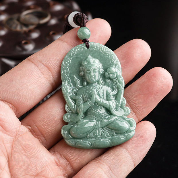 Buddha Stones Four-armed Avalokitesvara Natural Jade Amulet Blessing String Necklace Necklaces & Pendants BS 3